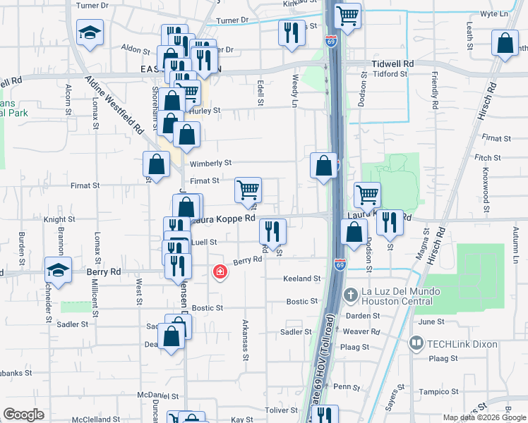 map of restaurants, bars, coffee shops, grocery stores, and more near 3201 Laura Koppe Road in Houston