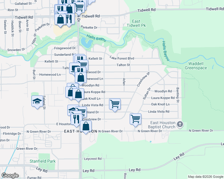 map of restaurants, bars, coffee shops, grocery stores, and more near 9021 Laura Koppe Road in Houston
