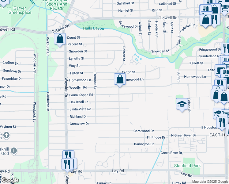 map of restaurants, bars, coffee shops, grocery stores, and more near 8830 Denton Street in Houston