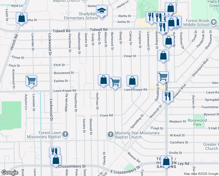 map of restaurants, bars, coffee shops, grocery stores, and more near 6021 Laura Koppe Road in Houston