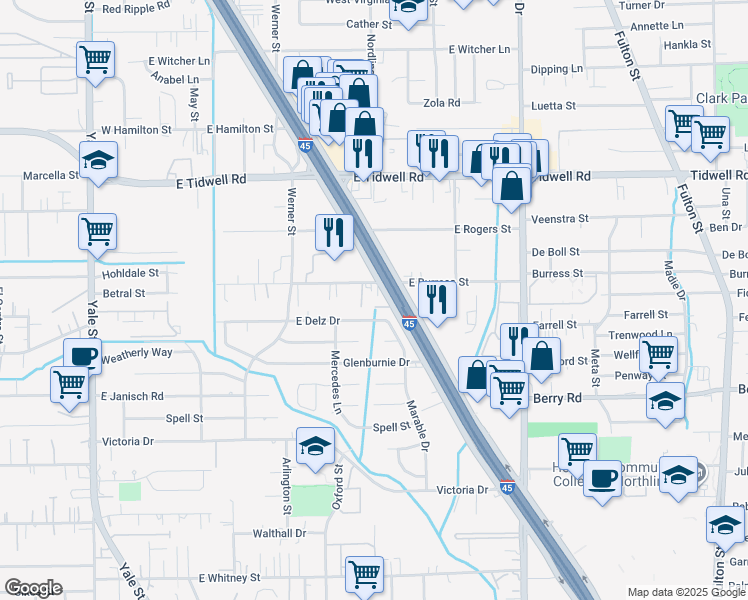 map of restaurants, bars, coffee shops, grocery stores, and more near 520 East Burress Street in Houston