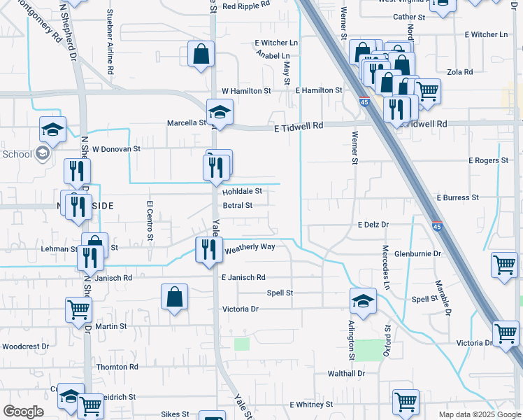 map of restaurants, bars, coffee shops, grocery stores, and more near 207 Betral Street in Houston