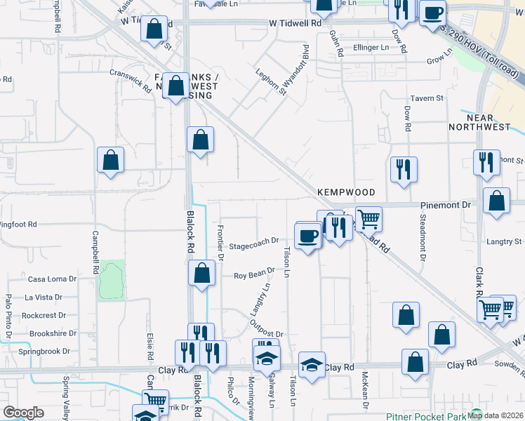 map of restaurants, bars, coffee shops, grocery stores, and more near 9218 Sequoia Drive in Houston