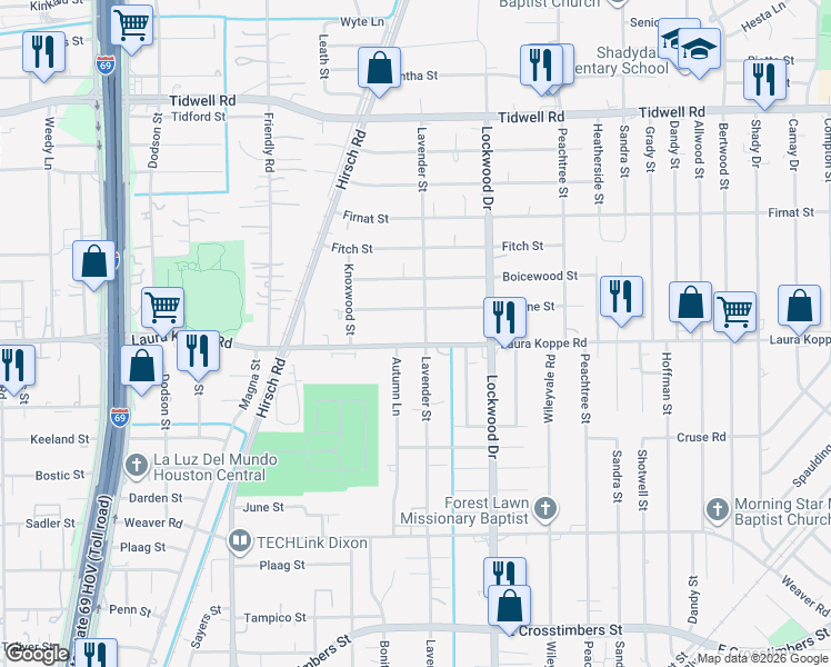 map of restaurants, bars, coffee shops, grocery stores, and more near 4621 Laura Koppe Road in Houston