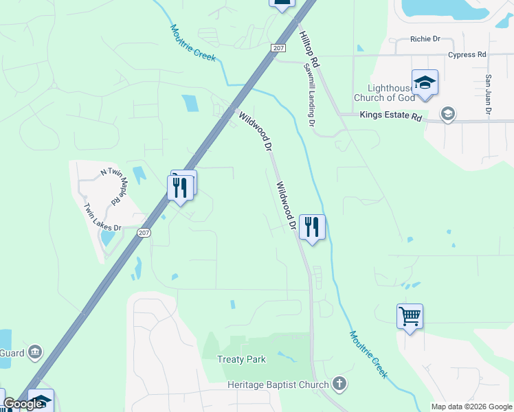 map of restaurants, bars, coffee shops, grocery stores, and more near 1925 Wildwood Drive in St. Augustine