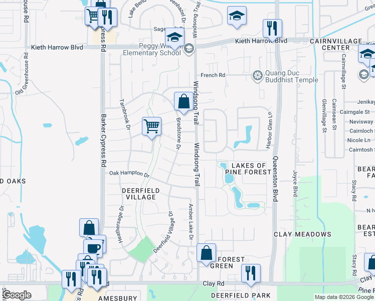 map of restaurants, bars, coffee shops, grocery stores, and more near 18014 Hollywell Drive in Houston