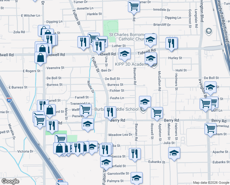map of restaurants, bars, coffee shops, grocery stores, and more near 114 Fichter Street in Houston