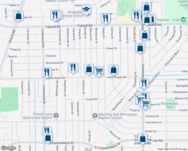 map of restaurants, bars, coffee shops, grocery stores, and more near 6021 Laura Koppe Road in Houston