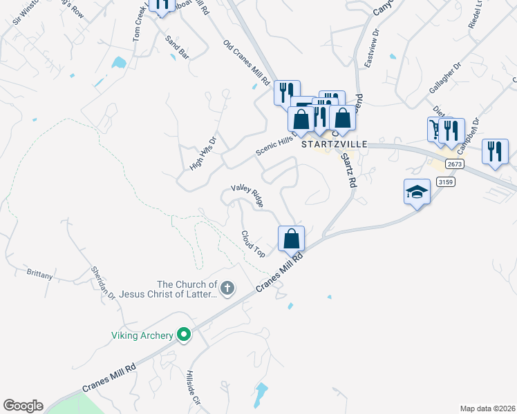 map of restaurants, bars, coffee shops, grocery stores, and more near 248 Valley Ridge in Canyon Lake
