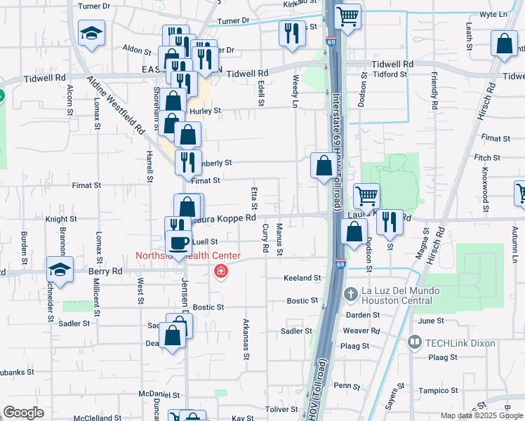 map of restaurants, bars, coffee shops, grocery stores, and more near 3201 Laura Koppe Road in Houston