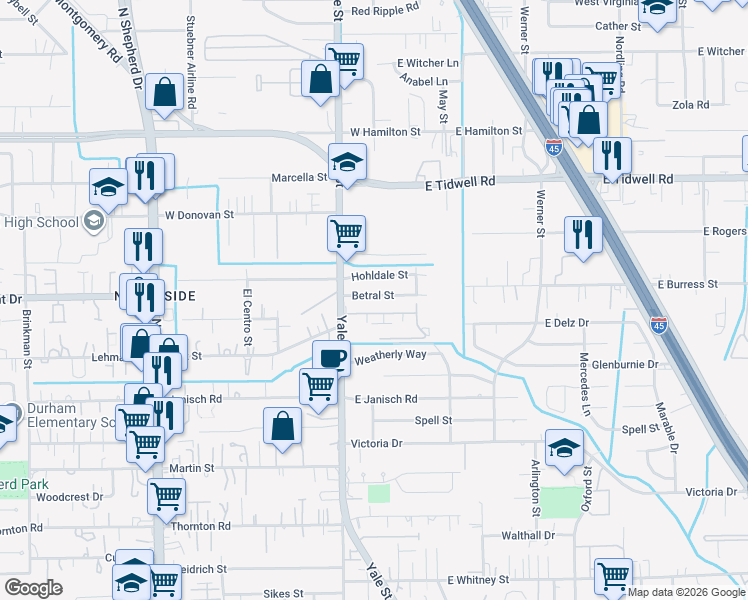 map of restaurants, bars, coffee shops, grocery stores, and more near 231 Betral Street in Houston