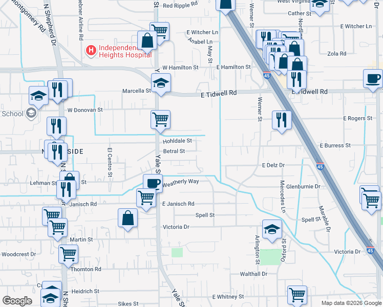 map of restaurants, bars, coffee shops, grocery stores, and more near 207 Betral Street in Houston