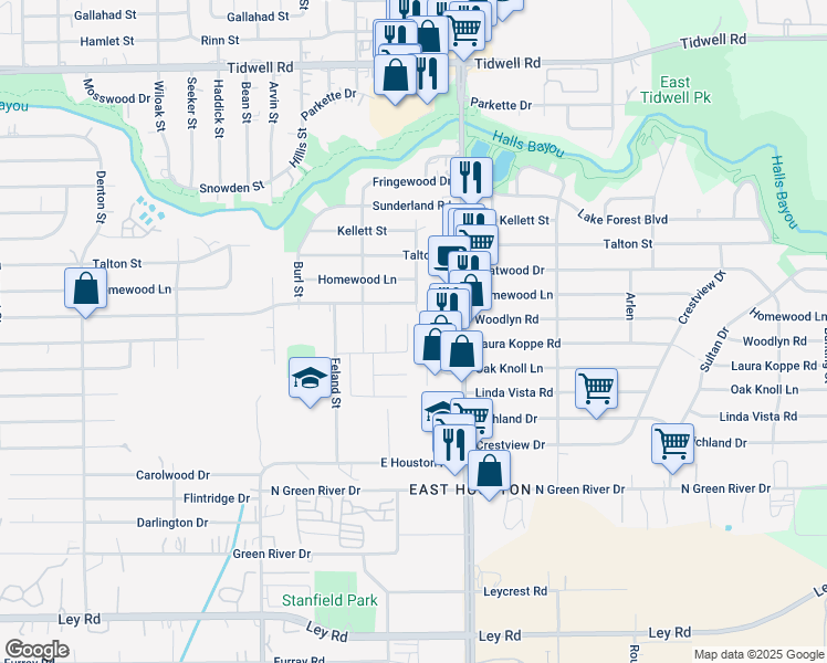 map of restaurants, bars, coffee shops, grocery stores, and more near 8605 Mesa Drive in Houston