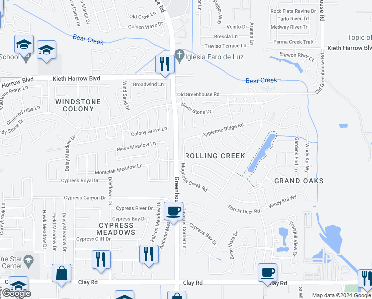 map of restaurants, bars, coffee shops, grocery stores, and more near 4818 Magnolia Creek Road in Houston