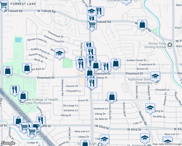 map of restaurants, bars, coffee shops, grocery stores, and more near Antoine Dr & Pinemont Dr in Houston