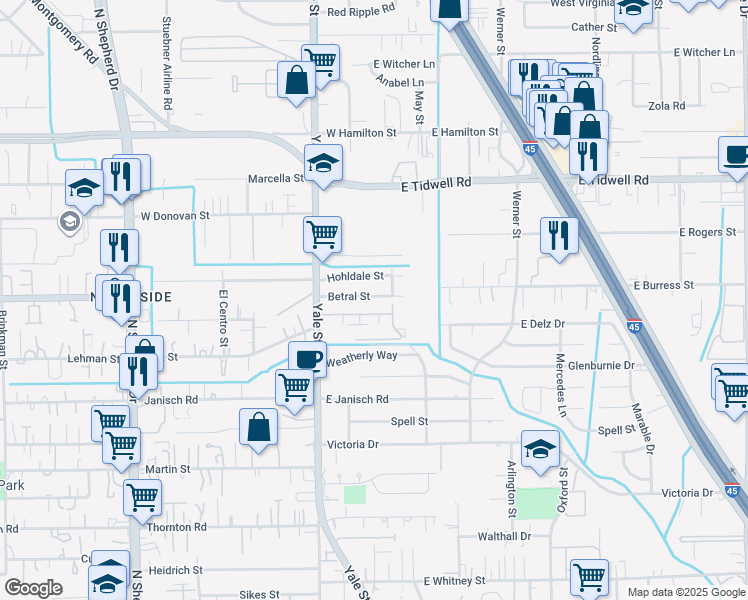 map of restaurants, bars, coffee shops, grocery stores, and more near 215 Betral Street in Houston