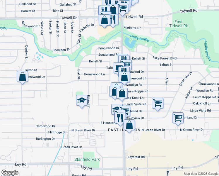 map of restaurants, bars, coffee shops, grocery stores, and more near 8605 Mesa Drive in Houston