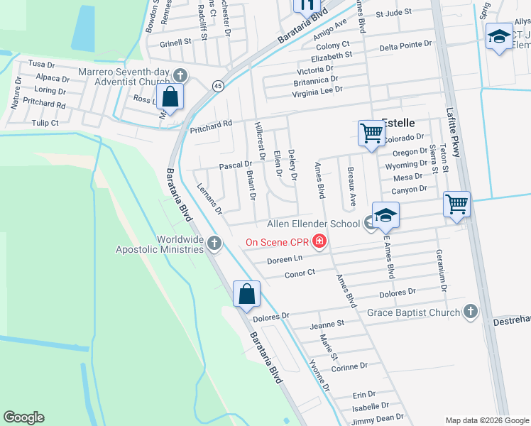 map of restaurants, bars, coffee shops, grocery stores, and more near 4052 Briant Drive in Marrero