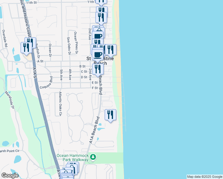 map of restaurants, bars, coffee shops, grocery stores, and more near 1 F Street in St. Augustine