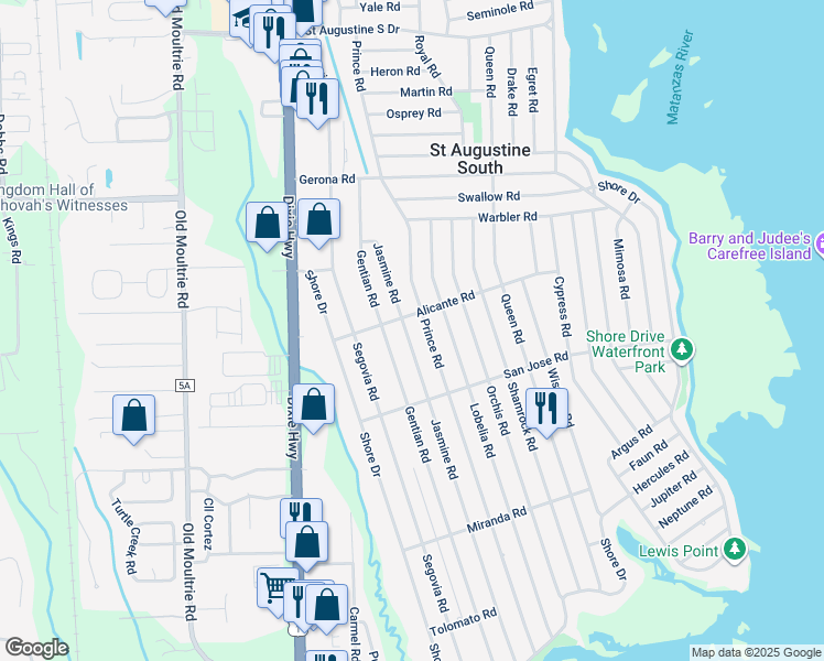 map of restaurants, bars, coffee shops, grocery stores, and more near 209 Jasmine Road in St. Augustine