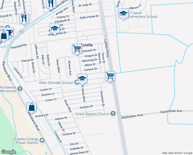 map of restaurants, bars, coffee shops, grocery stores, and more near 2524 Misty Meadows Drive in Marrero