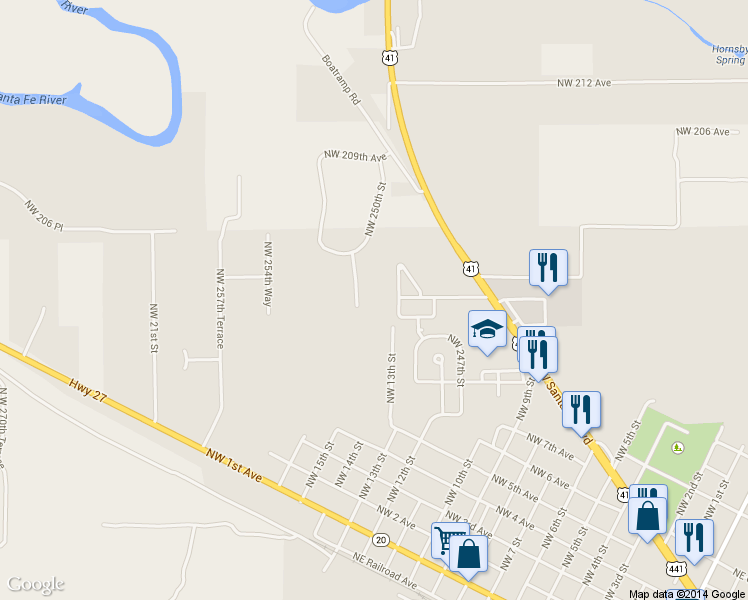 map of restaurants, bars, coffee shops, grocery stores, and more near 20273 Northwest 251st Terrace in High Springs