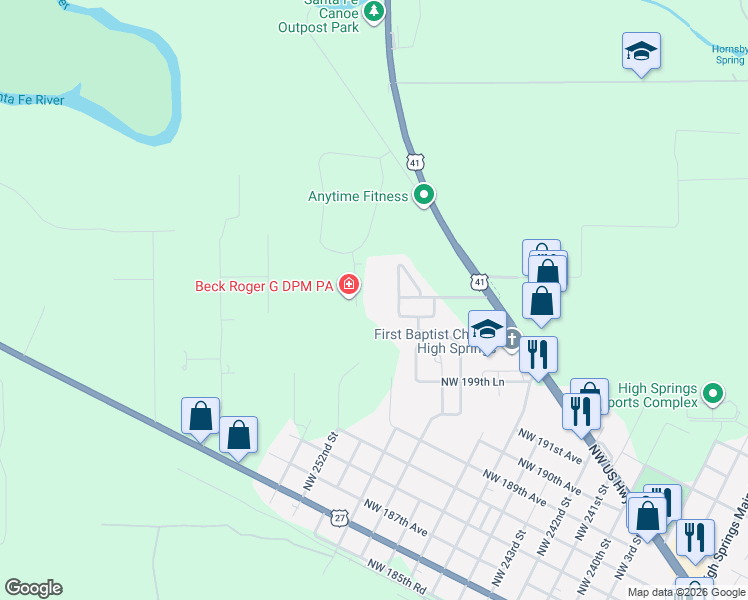 map of restaurants, bars, coffee shops, grocery stores, and more near 20273 Northwest 251st Terrace in High Springs