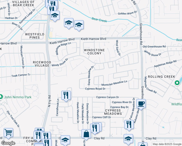 map of restaurants, bars, coffee shops, grocery stores, and more near 19538 South Stone Lane in Katy