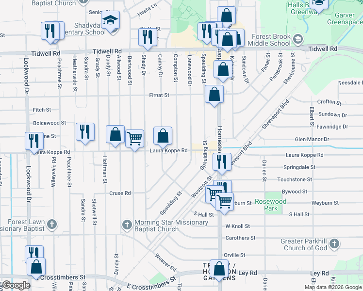 map of restaurants, bars, coffee shops, grocery stores, and more near 6405 Laura Koppe Road in Houston