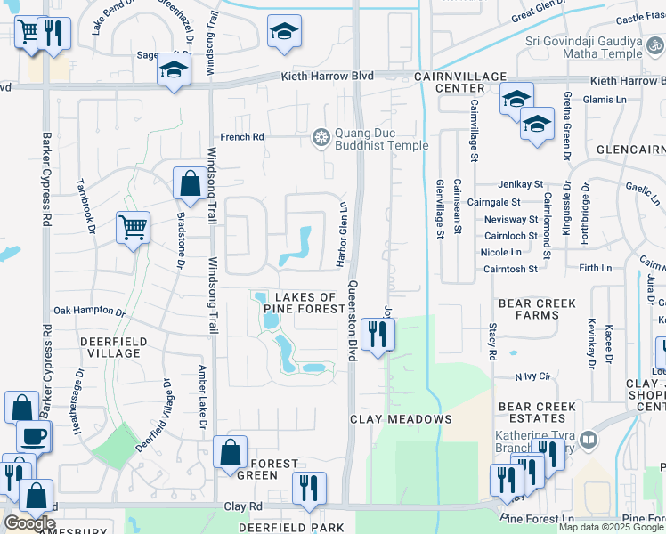 map of restaurants, bars, coffee shops, grocery stores, and more near 4802 Bonny Loch Lane in Houston