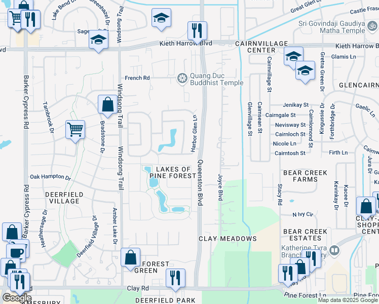 map of restaurants, bars, coffee shops, grocery stores, and more near 4802 Bonny Loch Lane in Houston