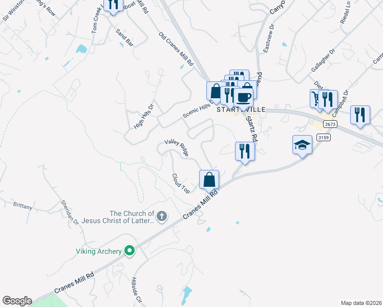map of restaurants, bars, coffee shops, grocery stores, and more near 248 Valley Ridge in Canyon Lake
