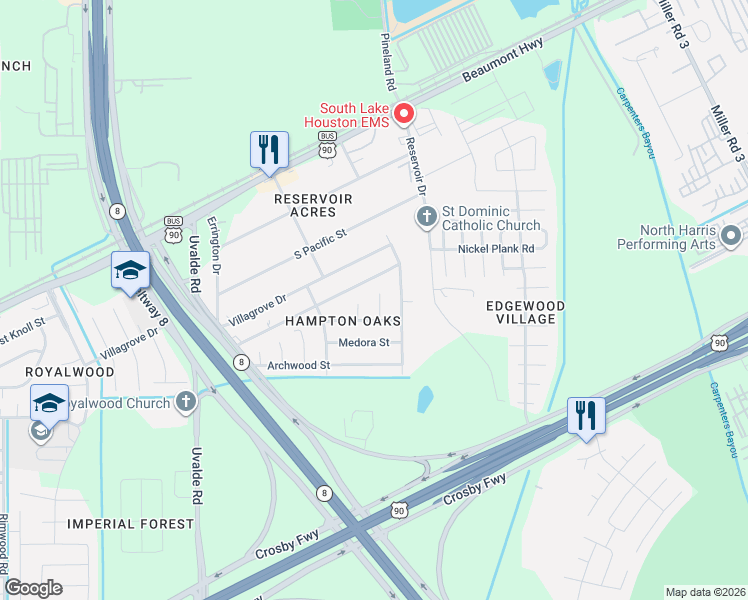 map of restaurants, bars, coffee shops, grocery stores, and more near 8015 Shagwood Drive in Houston