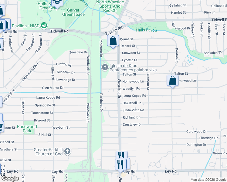 map of restaurants, bars, coffee shops, grocery stores, and more near 7822 Woodlyn Road in Houston