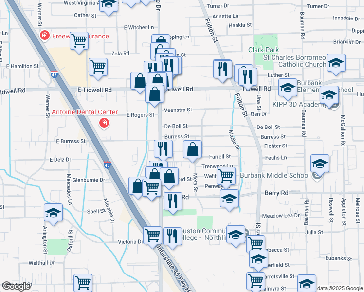 map of restaurants, bars, coffee shops, grocery stores, and more near 6 Burress Street in Houston