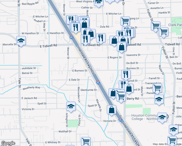map of restaurants, bars, coffee shops, grocery stores, and more near 520 East Burress Street in Houston