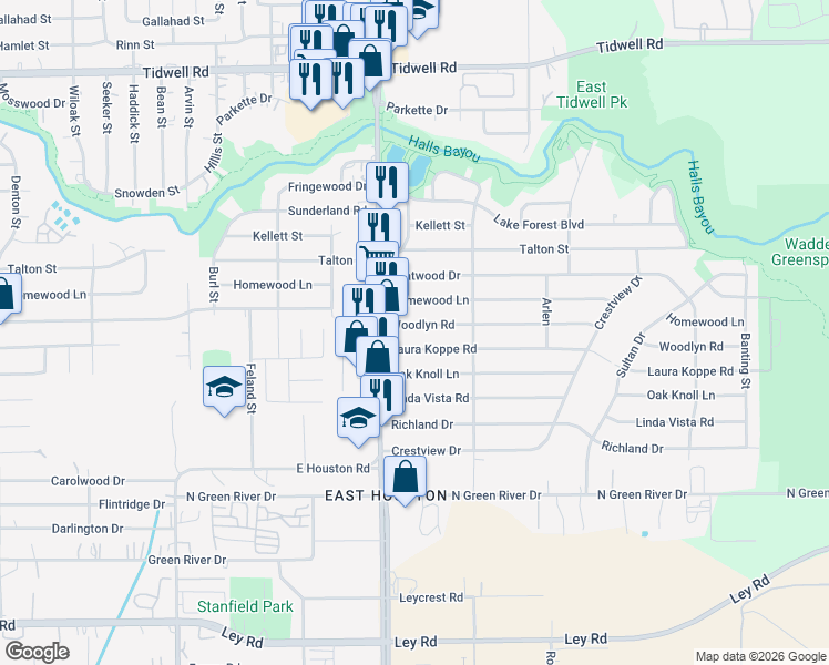 map of restaurants, bars, coffee shops, grocery stores, and more near 8838 Woodlyn Road in Houston