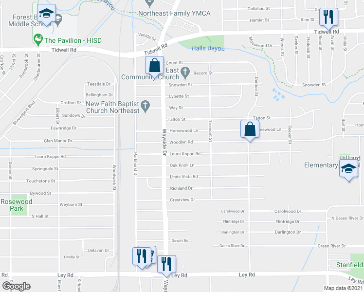 map of restaurants, bars, coffee shops, grocery stores, and more near 7930 Woodlyn Road in Houston