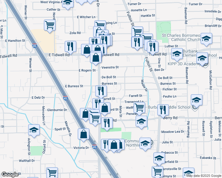 map of restaurants, bars, coffee shops, grocery stores, and more near 6 Burress Street in Houston