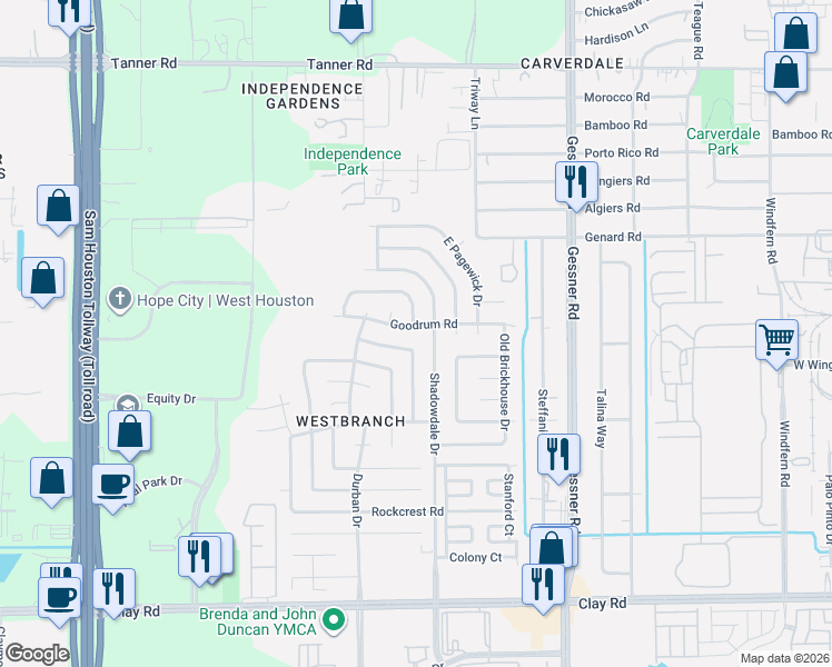 map of restaurants, bars, coffee shops, grocery stores, and more near 10410 North Laureldale Drive in Houston