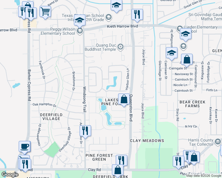map of restaurants, bars, coffee shops, grocery stores, and more near 17718 Windsor Grove Lane in Houston