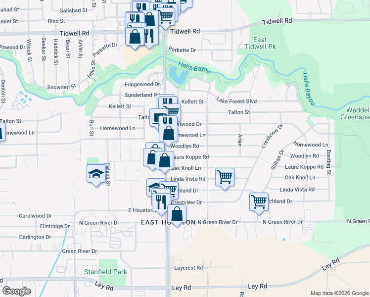 map of restaurants, bars, coffee shops, grocery stores, and more near 8838 Woodlyn Road in Houston