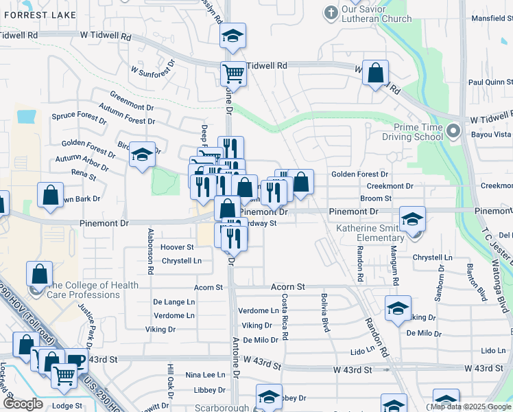 map of restaurants, bars, coffee shops, grocery stores, and more near 5616 Pinemont Drive in Houston