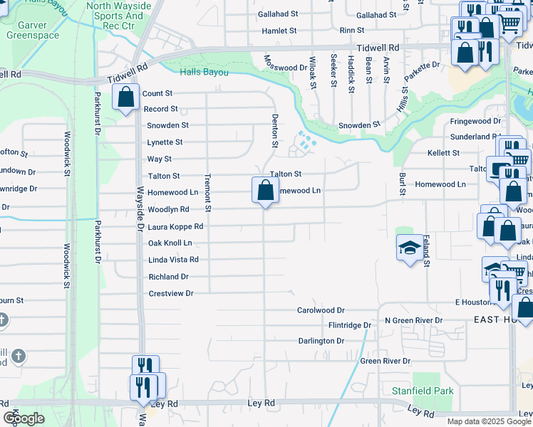 map of restaurants, bars, coffee shops, grocery stores, and more near 8830 Denton Street in Houston