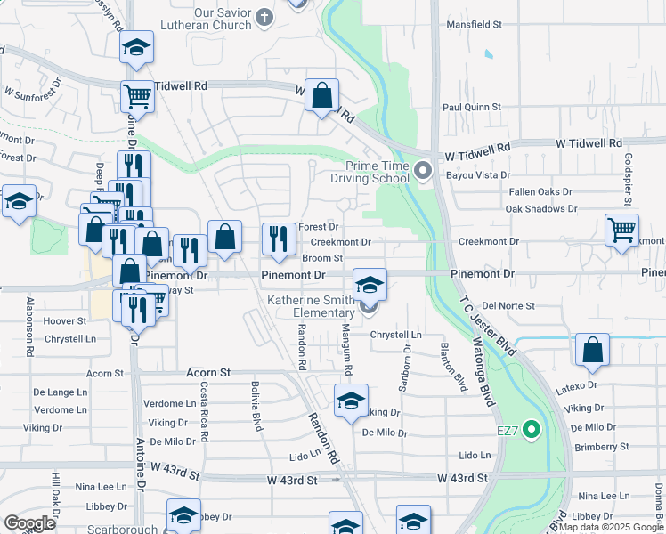 map of restaurants, bars, coffee shops, grocery stores, and more near 4839 Pinemont Drive in Houston