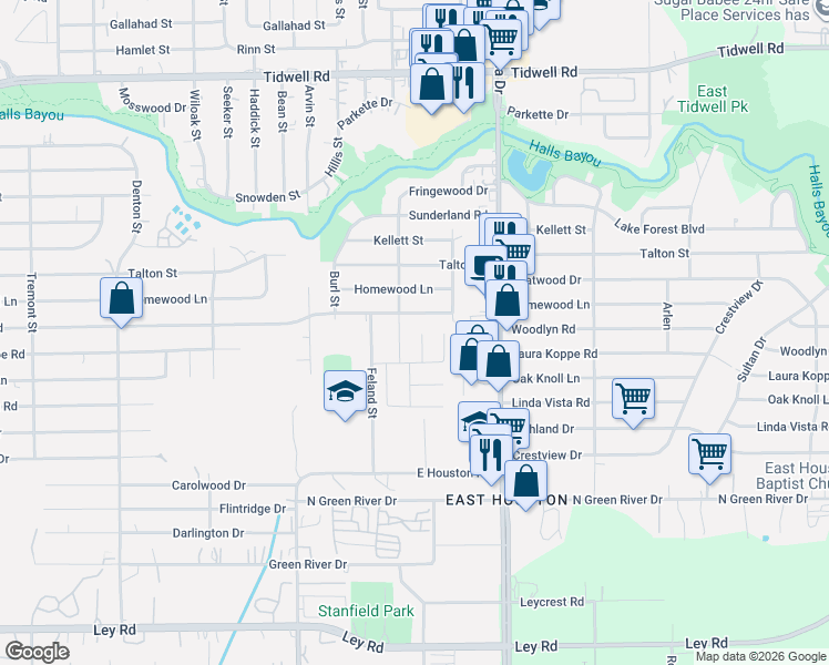 map of restaurants, bars, coffee shops, grocery stores, and more near 8714 J C Oaks Circle in Houston