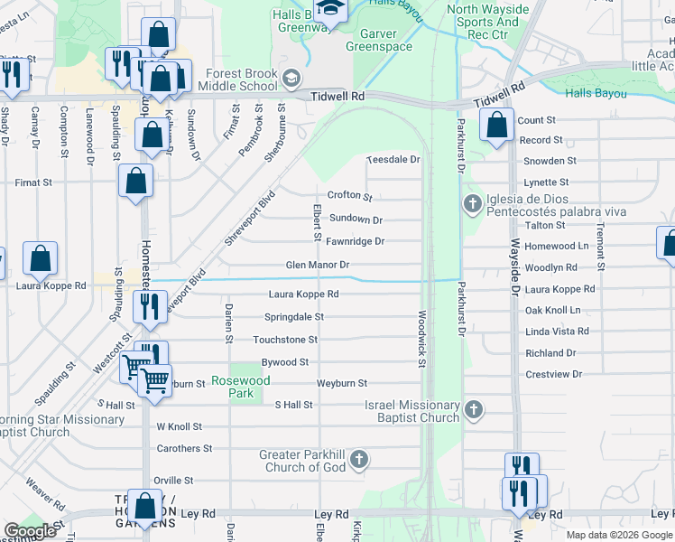 map of restaurants, bars, coffee shops, grocery stores, and more near 8622 Elbert Street in Houston