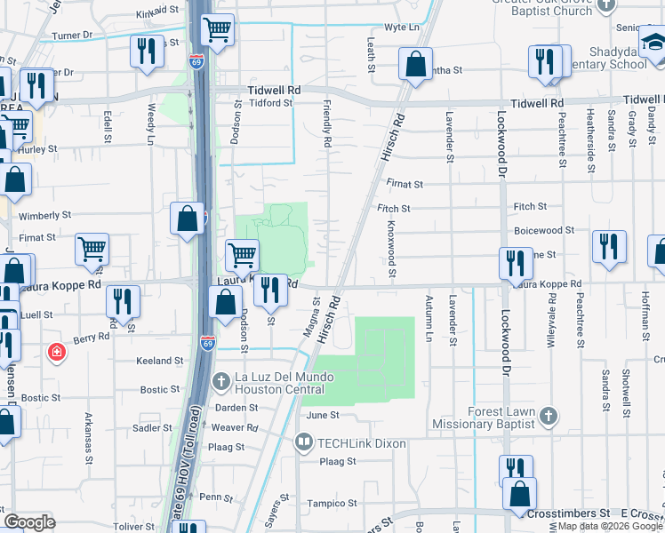 map of restaurants, bars, coffee shops, grocery stores, and more near 8919 Friendly Road in Houston