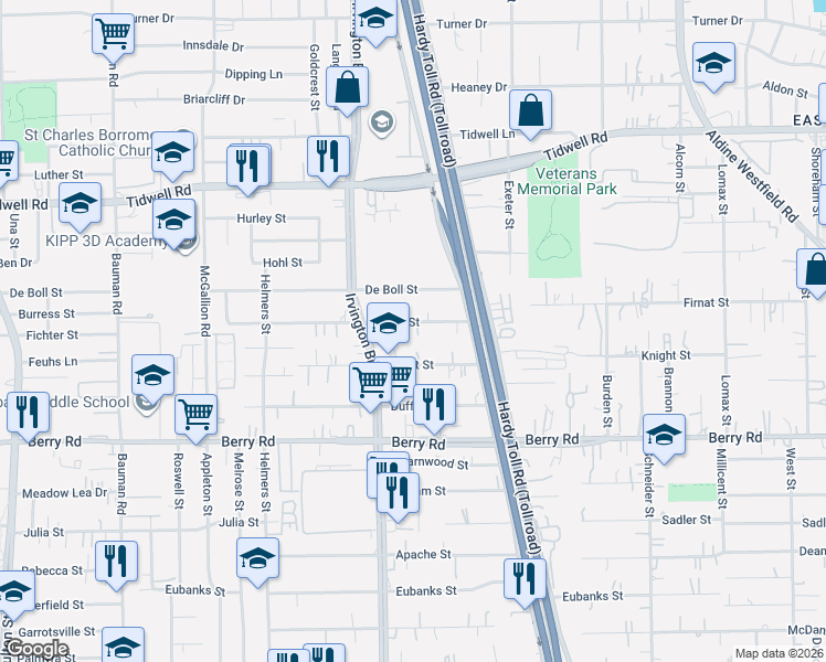 map of restaurants, bars, coffee shops, grocery stores, and more near 1318 Firnat Street in Houston