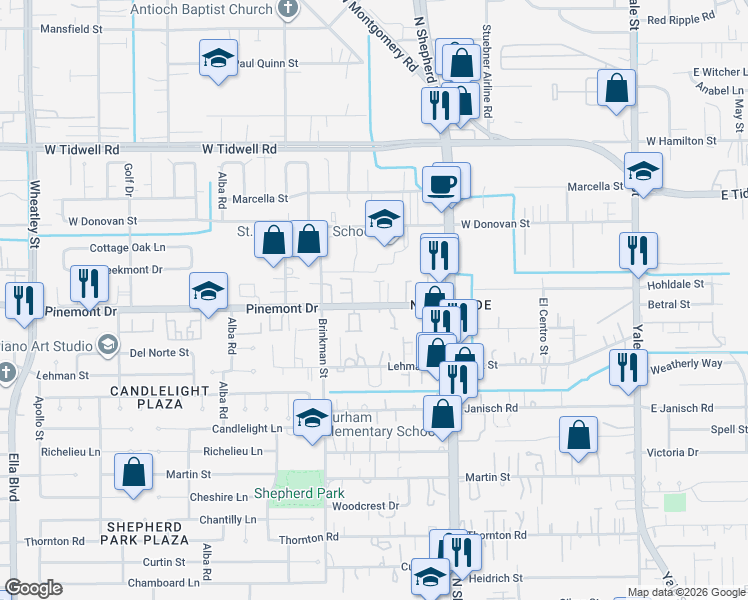 map of restaurants, bars, coffee shops, grocery stores, and more near 707 Embercove Drive in Houston